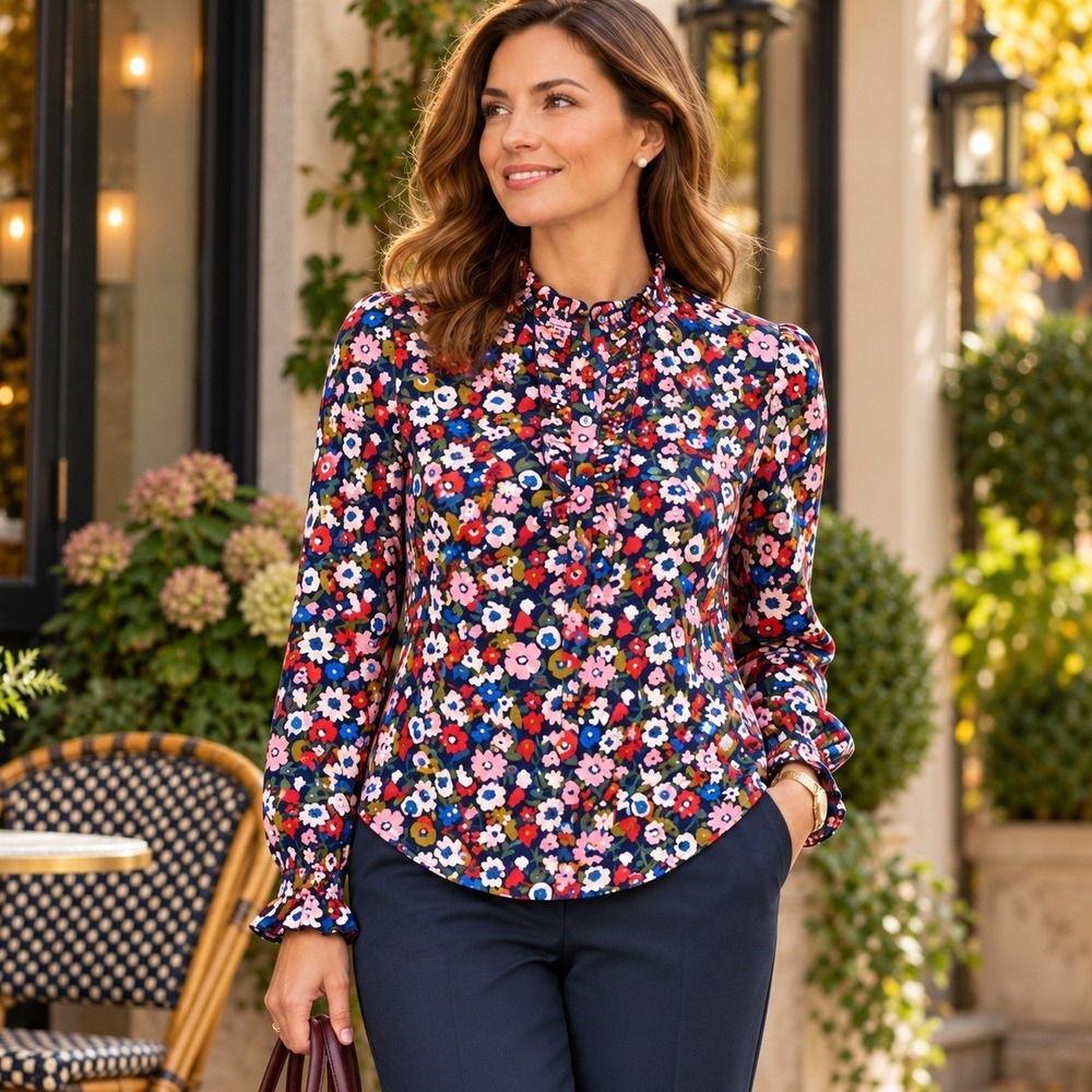 Boden Women US 6 Long Sleeve Ruffle Neck Floral Jersey Top Boho Knit Navy Multi